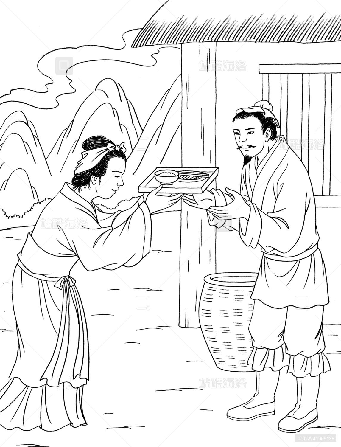 古风白描线稿 举案齐眉