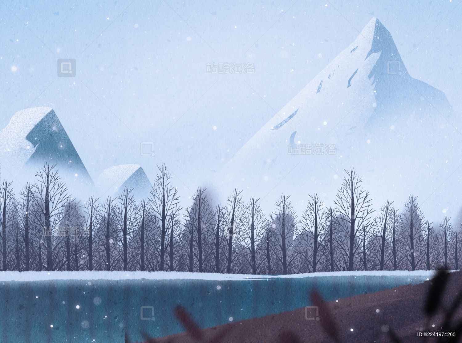 节气寒露秋冬雪山下雪风景插画