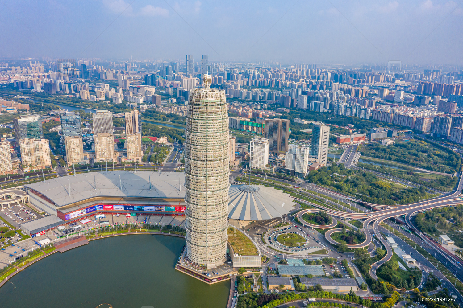 航拍中国河南郑州郑东新区CBD大玉米城市地标建筑