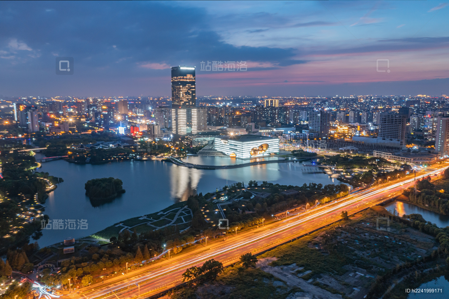 上海市嘉定区远香湖航拍夜景