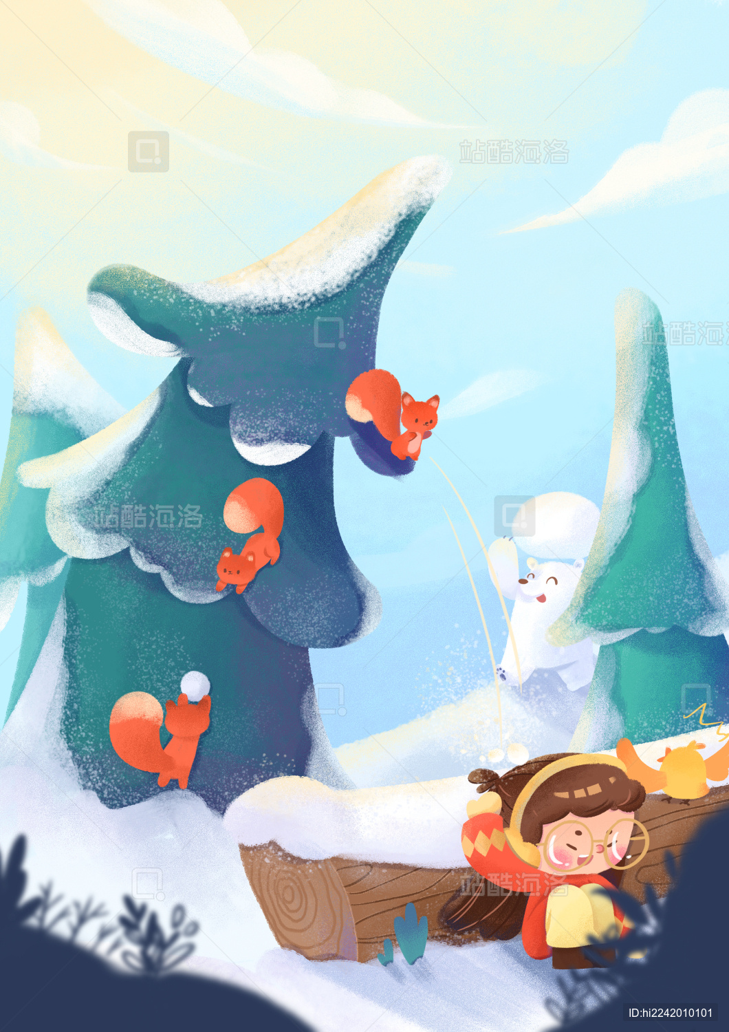 小女孩和松鼠打雪仗