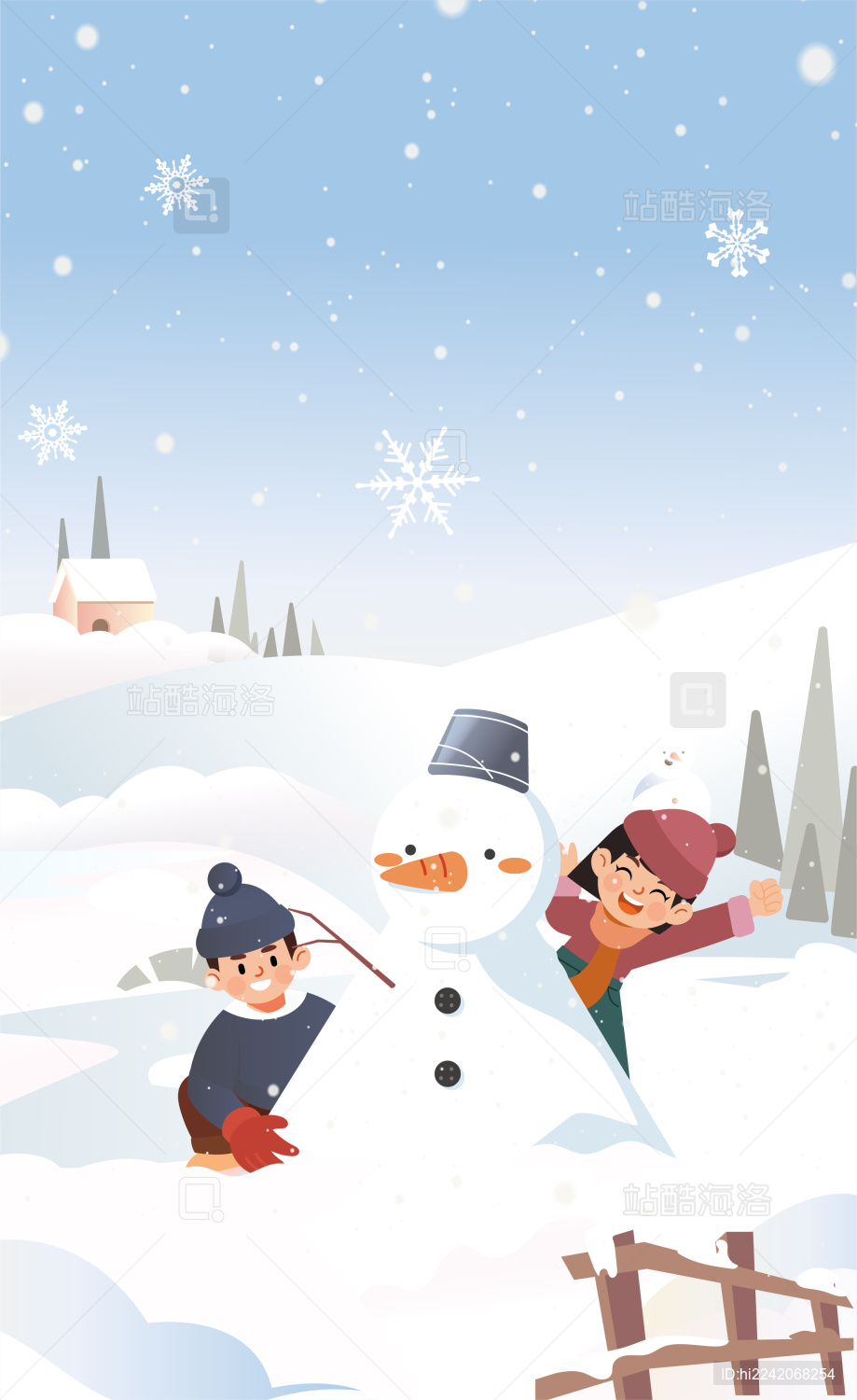 冬季堆雪人插画