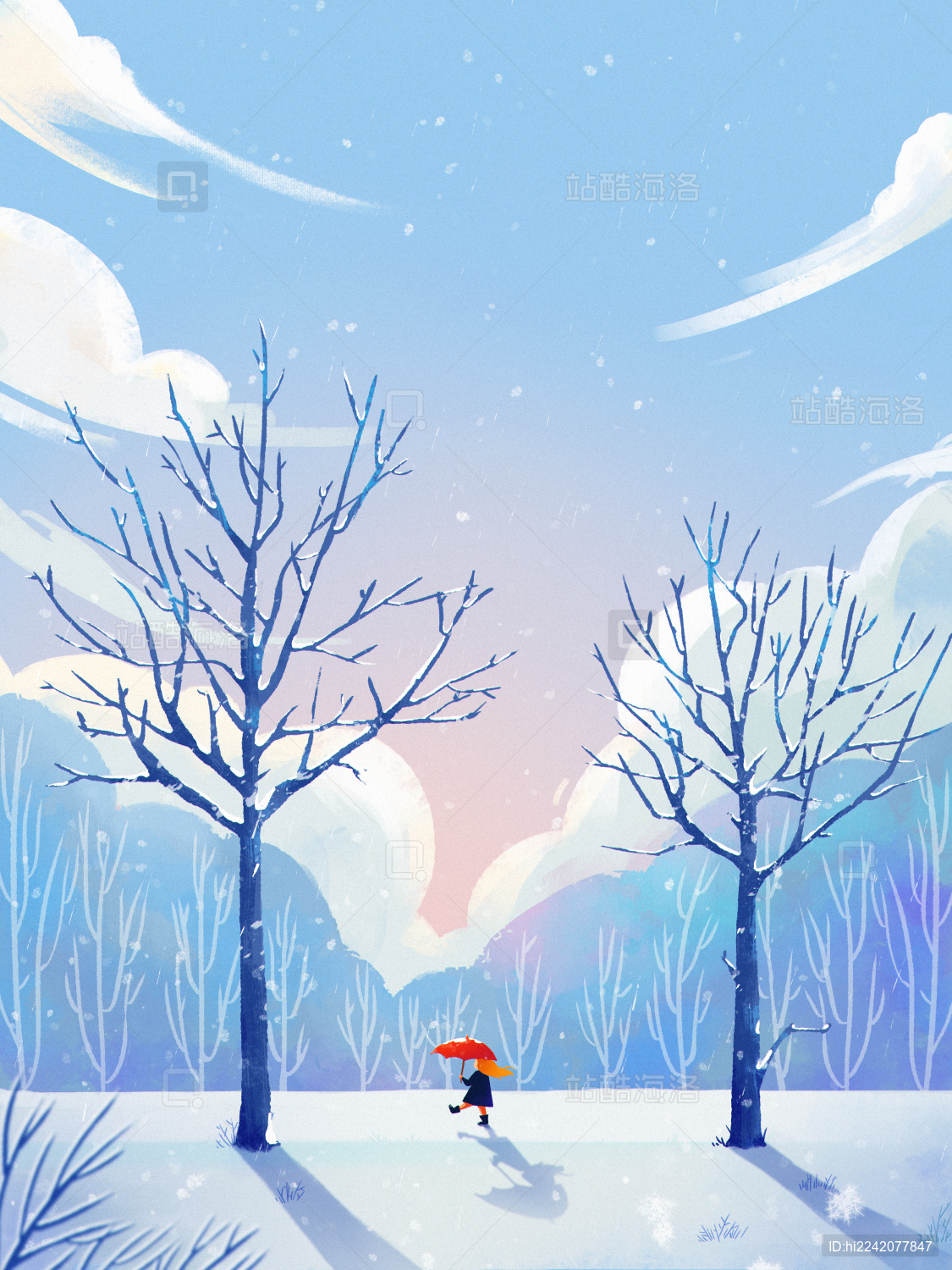 冬天下雪散步的打伞小女孩