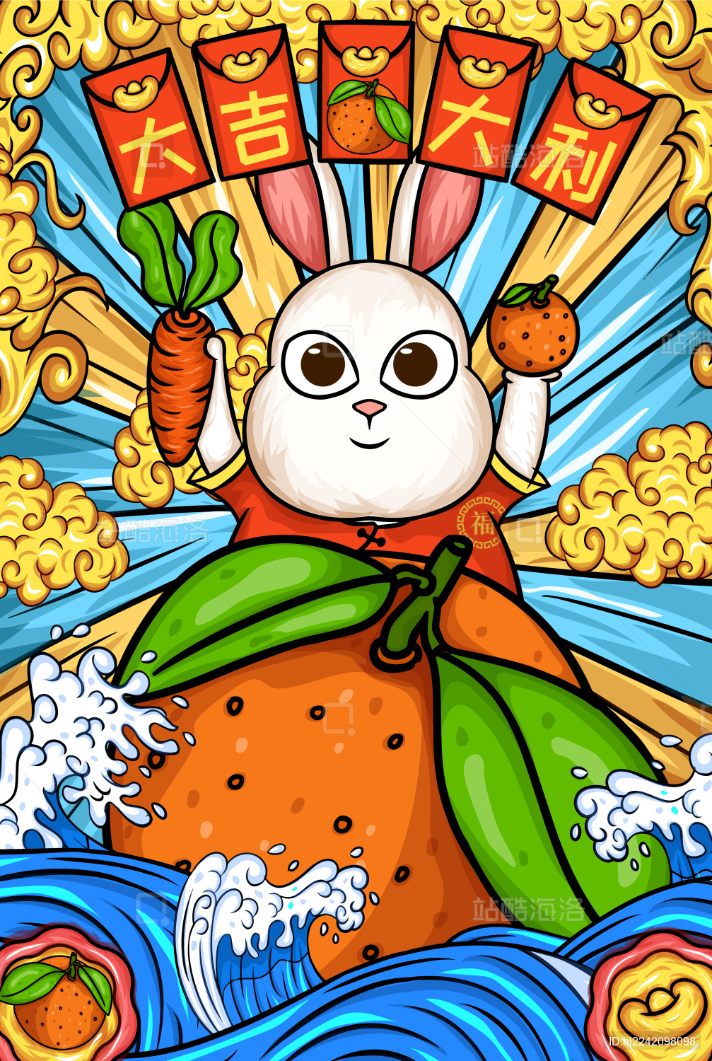 嘟啦兔形象兔年国潮插画大吉大利