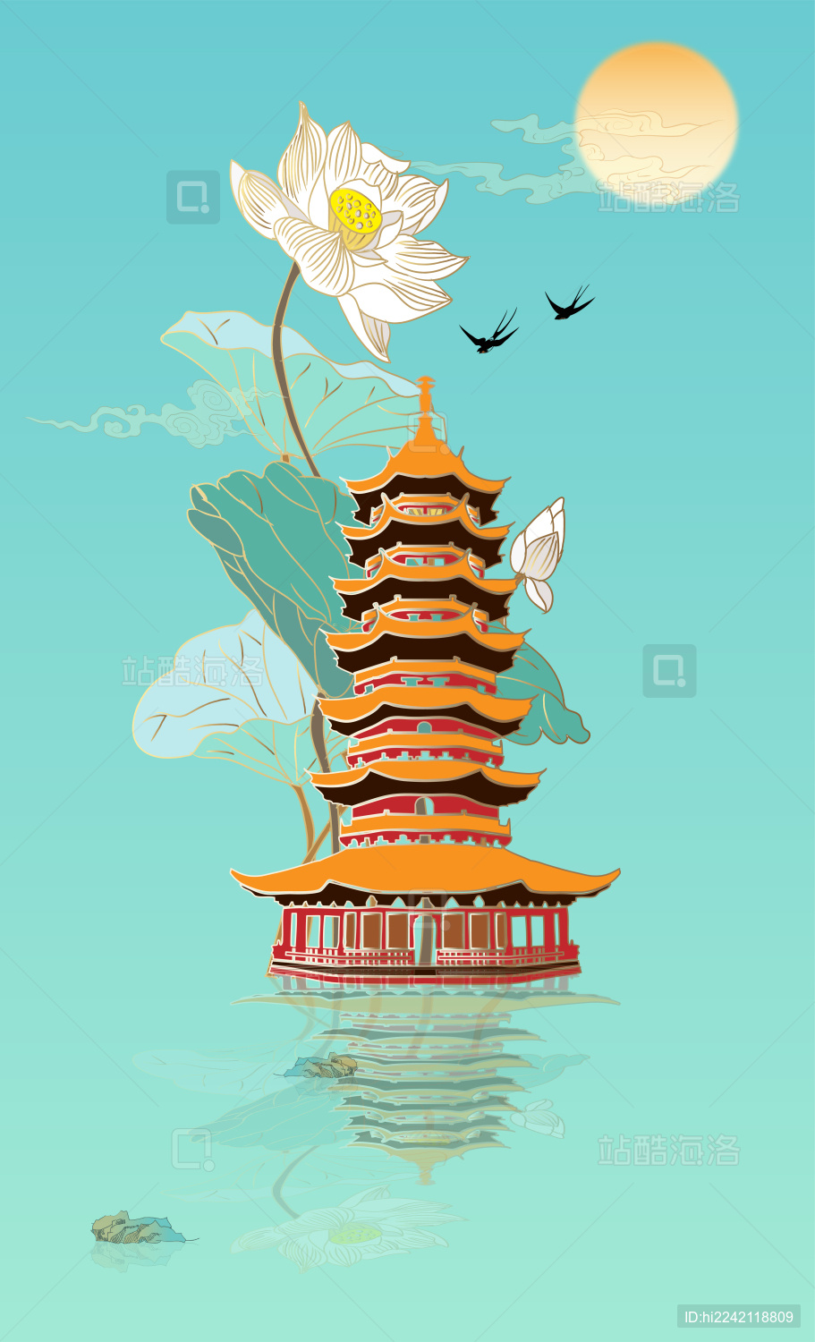 中国古建筑瑞光寺塔荷花矢量插画海报模板