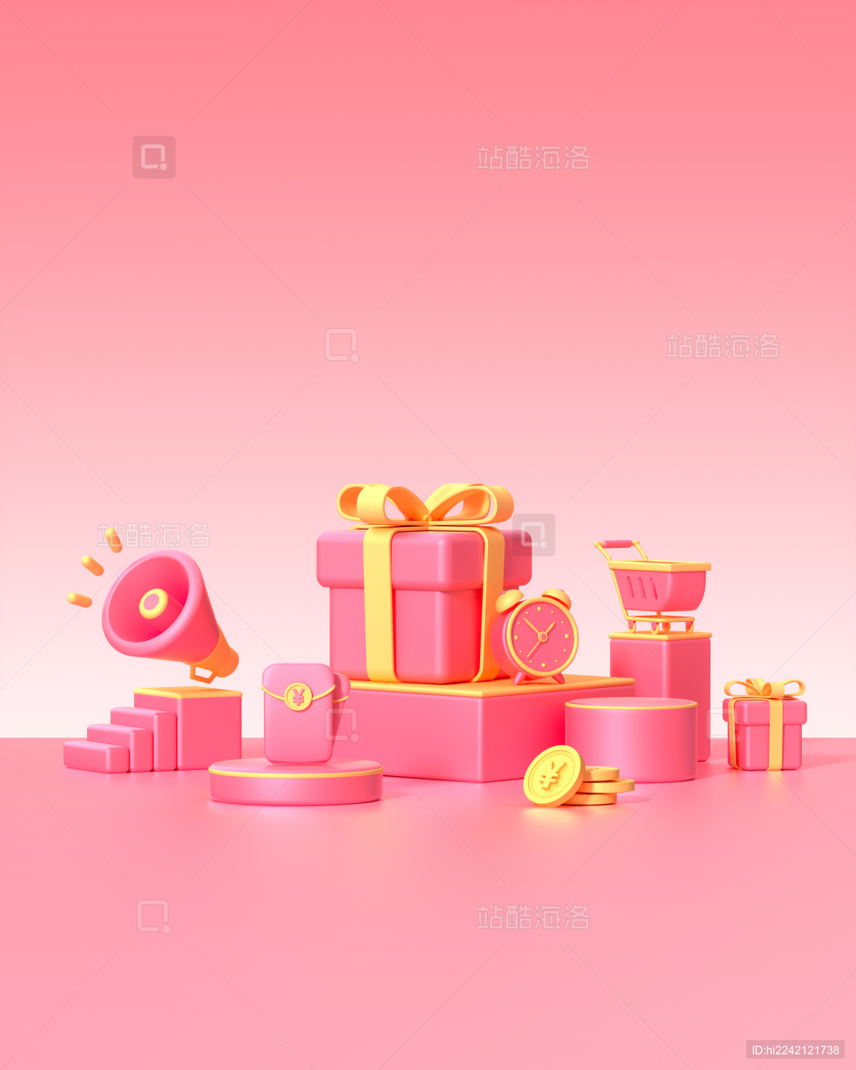 情人节促销粉色元素堆渐变背景活动海报