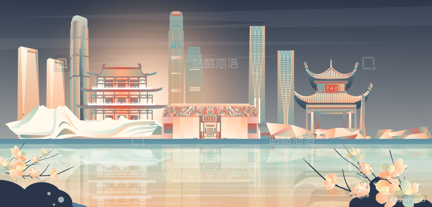 长沙地标建筑群矢量节日插画夜景