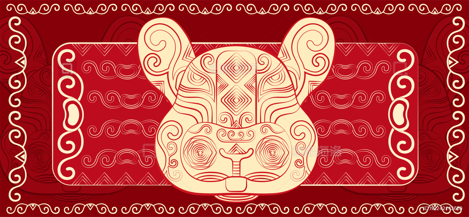 兔十二生肖国潮喜庆中国红传统纹样矢量插画