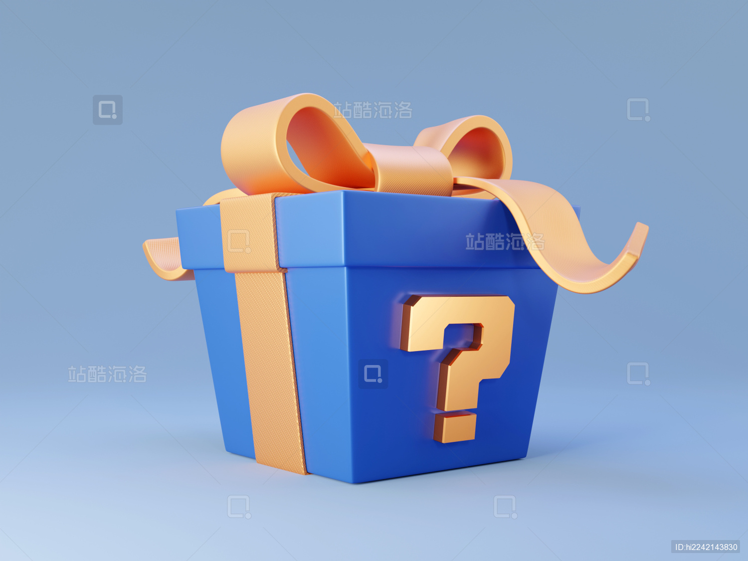 带问号的金丝带蓝色3D礼盒盲盒创意素材