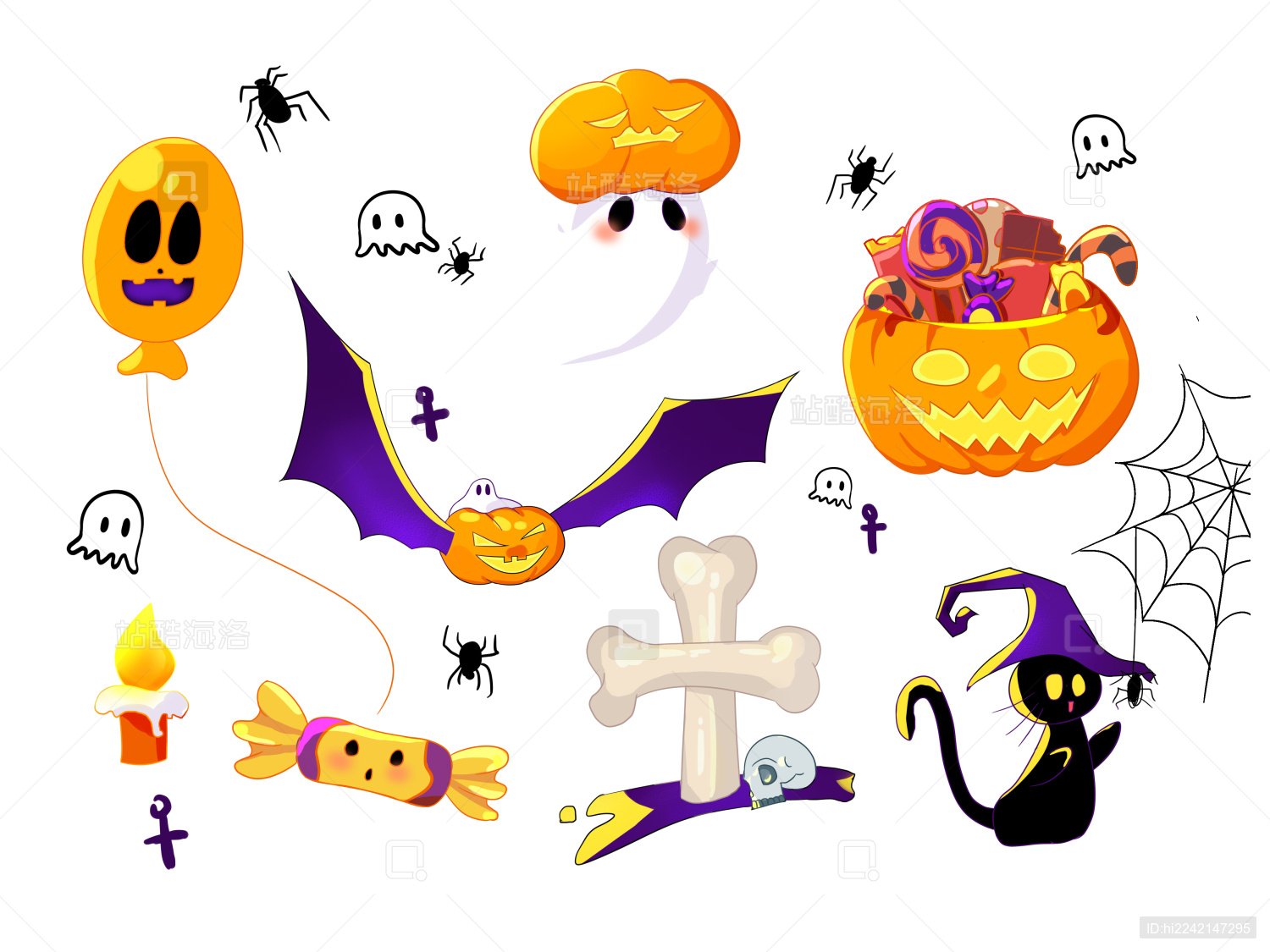 可爱万圣节幽灵南瓜蝙蝠糖果墓地蜡烛黑猫