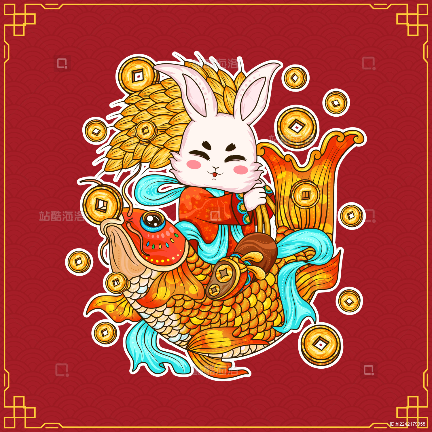 矢量红色国潮兔年有鱼金币麦穗春节红包插画