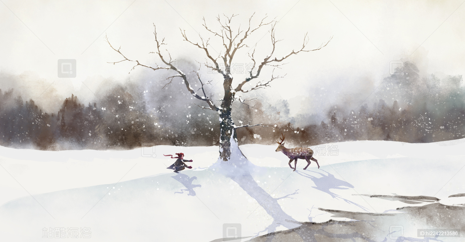 冬季意境雪景水彩画雪地里的小女孩与梅花鹿