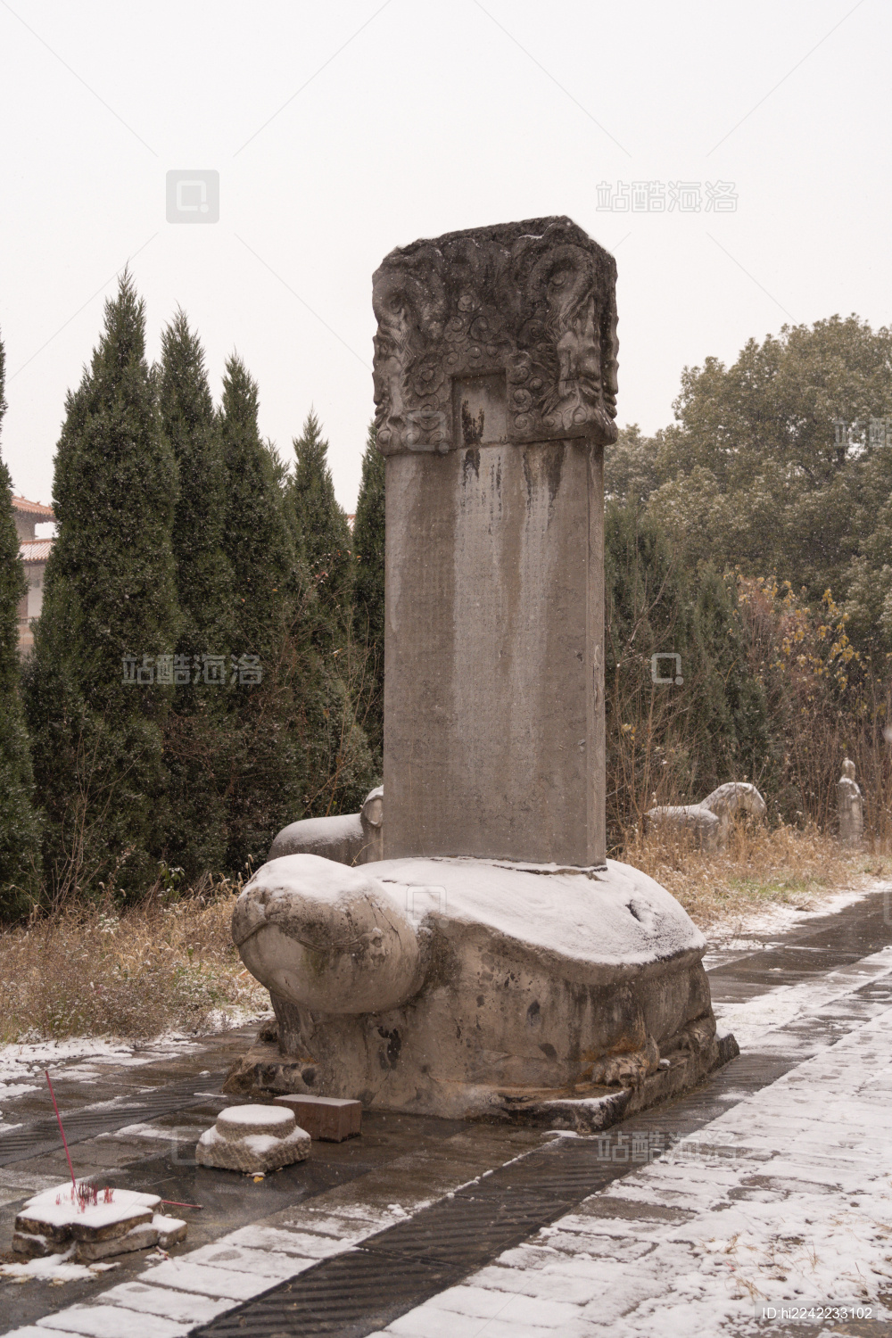 雪中的龟驮碑石雕