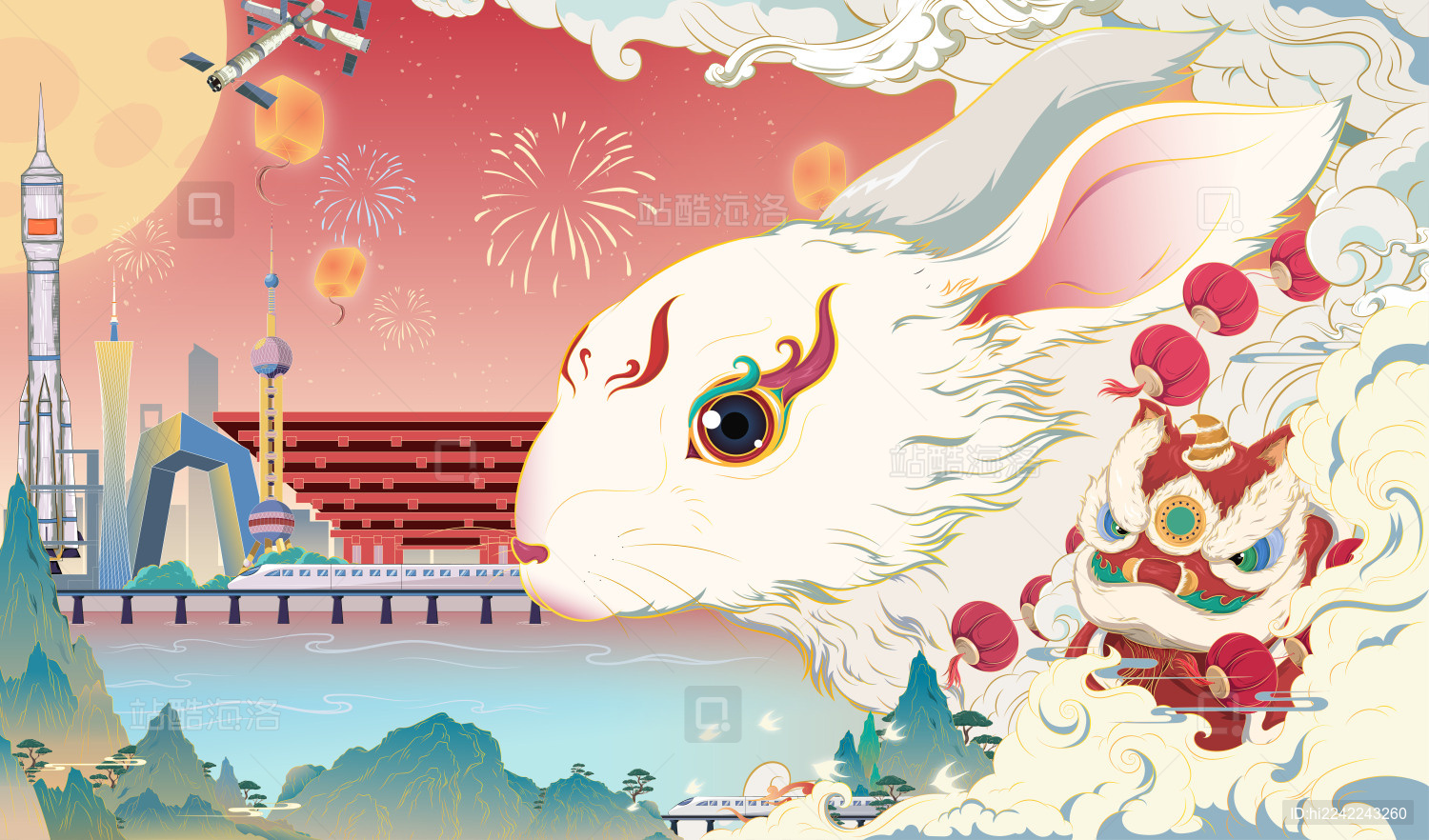 2023新春兔子国风插画