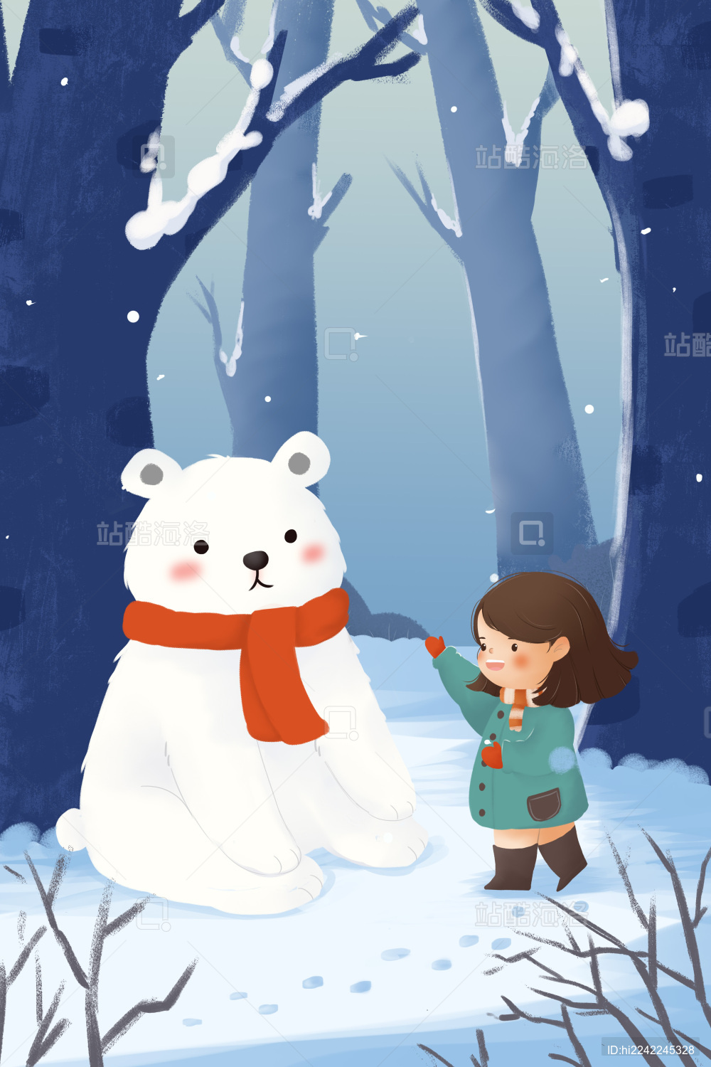 女孩和熊在冬季的森林