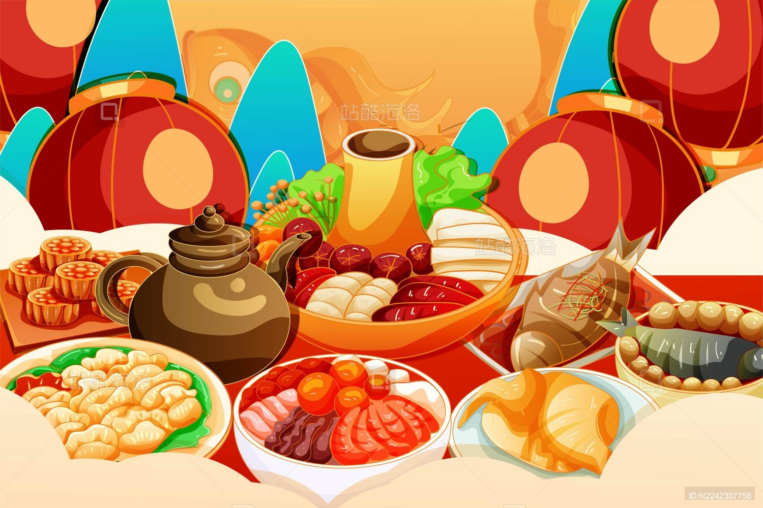 矢量手绘春节年夜饭插画