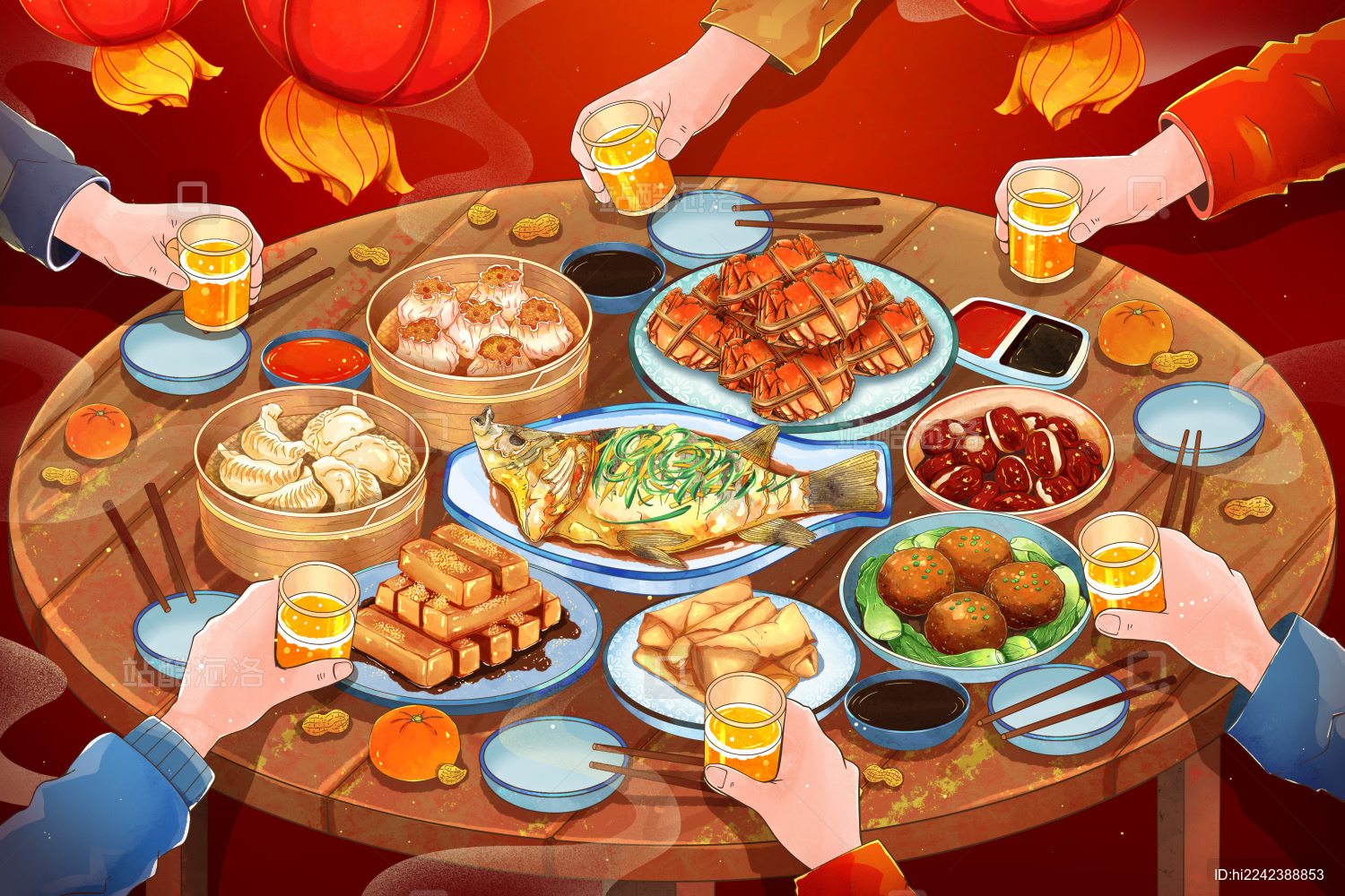 年夜饭酒席干杯插画