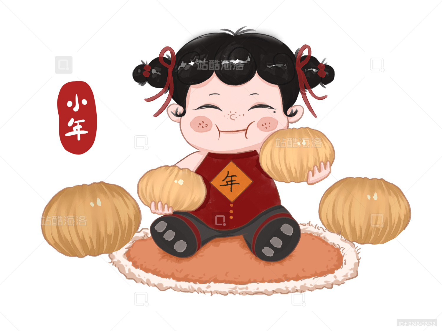 红色小年小女孩双手拿糖瓜吃坐在毯子上元