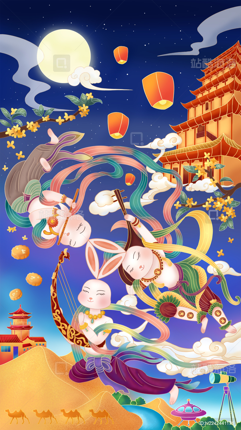 中秋节在莫高窟前共舞的三只兔子