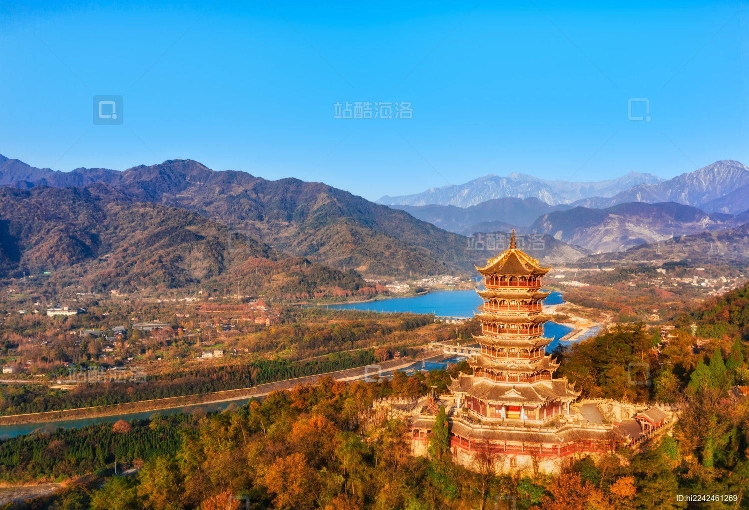 中国四川成都都江堰水利工程冬季全景航拍图_站酷海洛_正版图片_视频