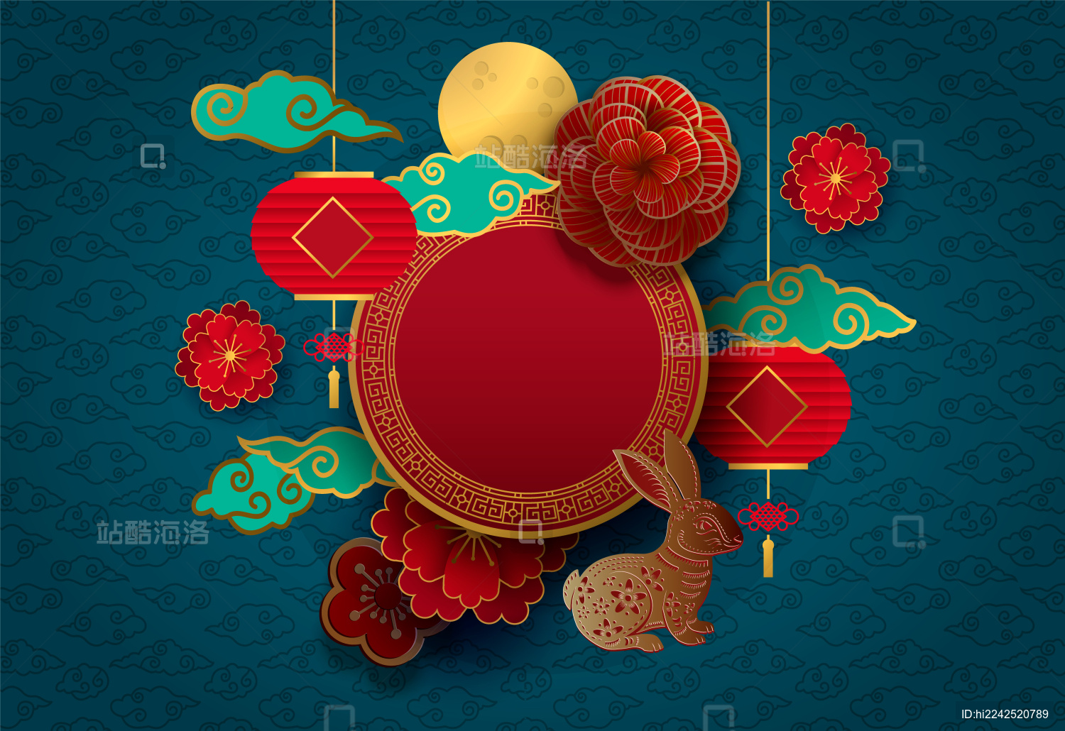 新年新春中秋国风剪纸兔子灯笼花朵祥云海报