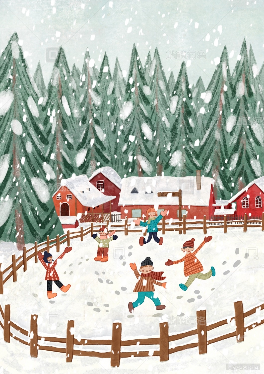 冬季下雪天一群小朋友在雪地里玩耍插画