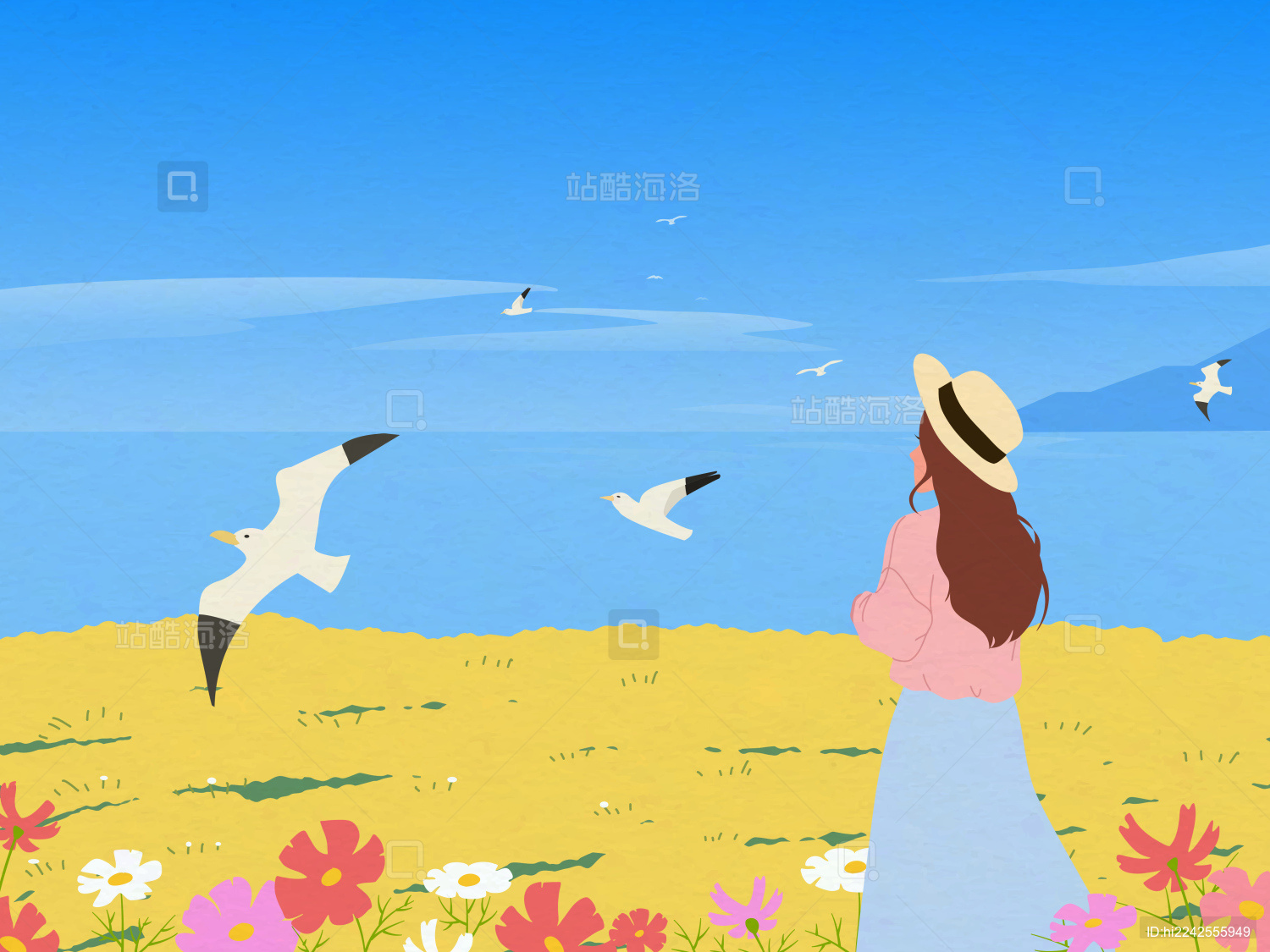 海边海鸥女孩看风景矢量出插画