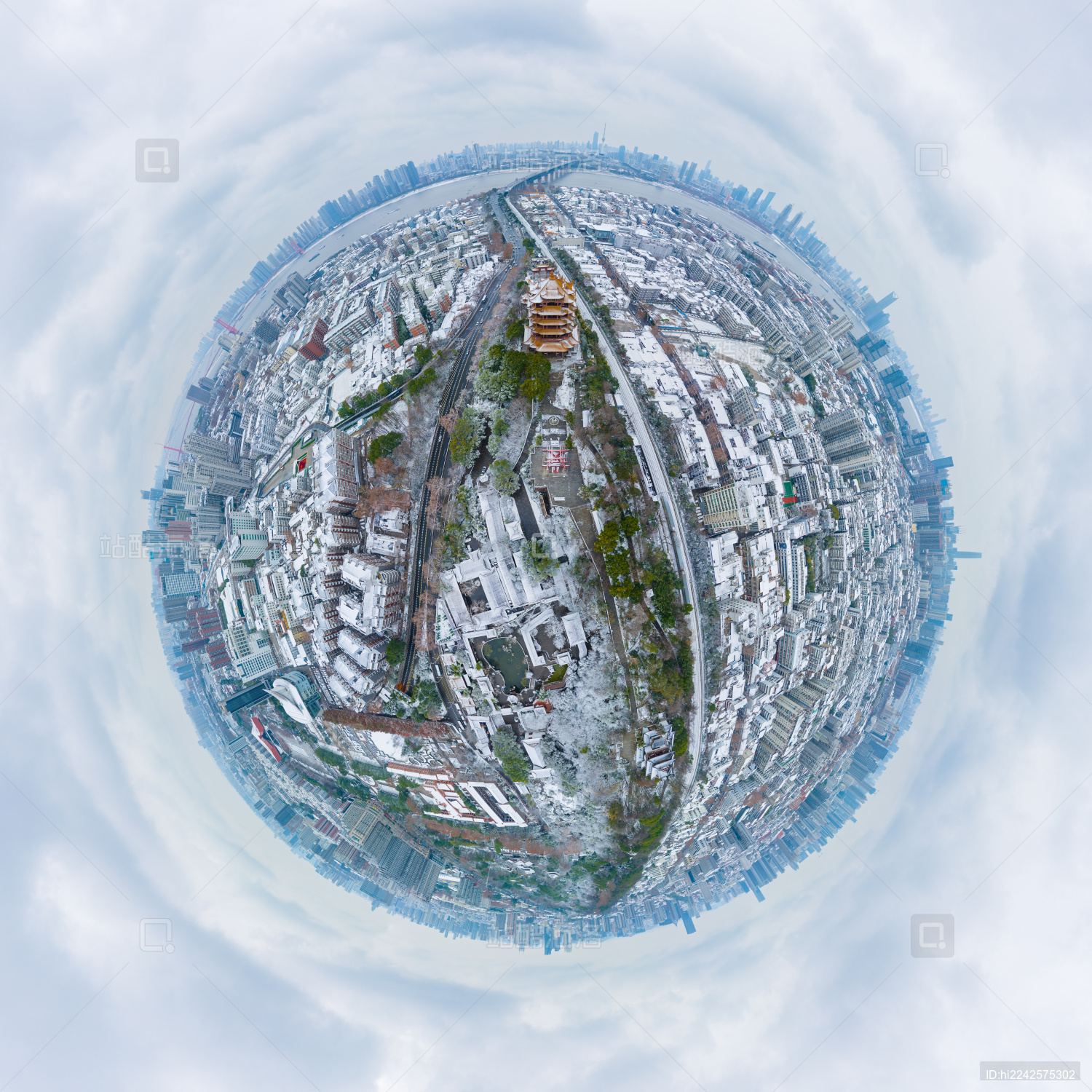 武汉地标黄鹤楼公园冬季雪景风光