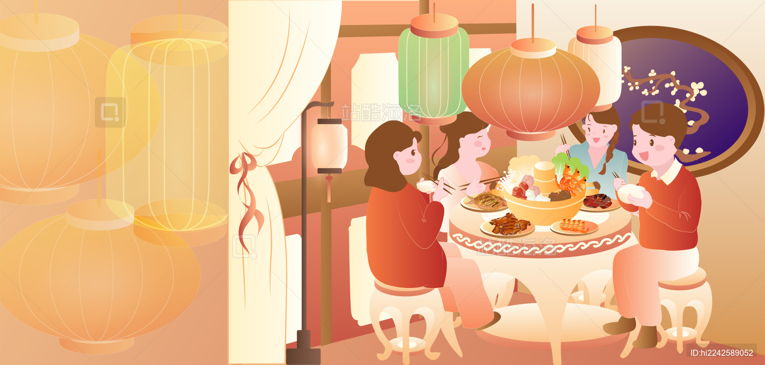 春节中秋节元宵节吃团圆饭的一家