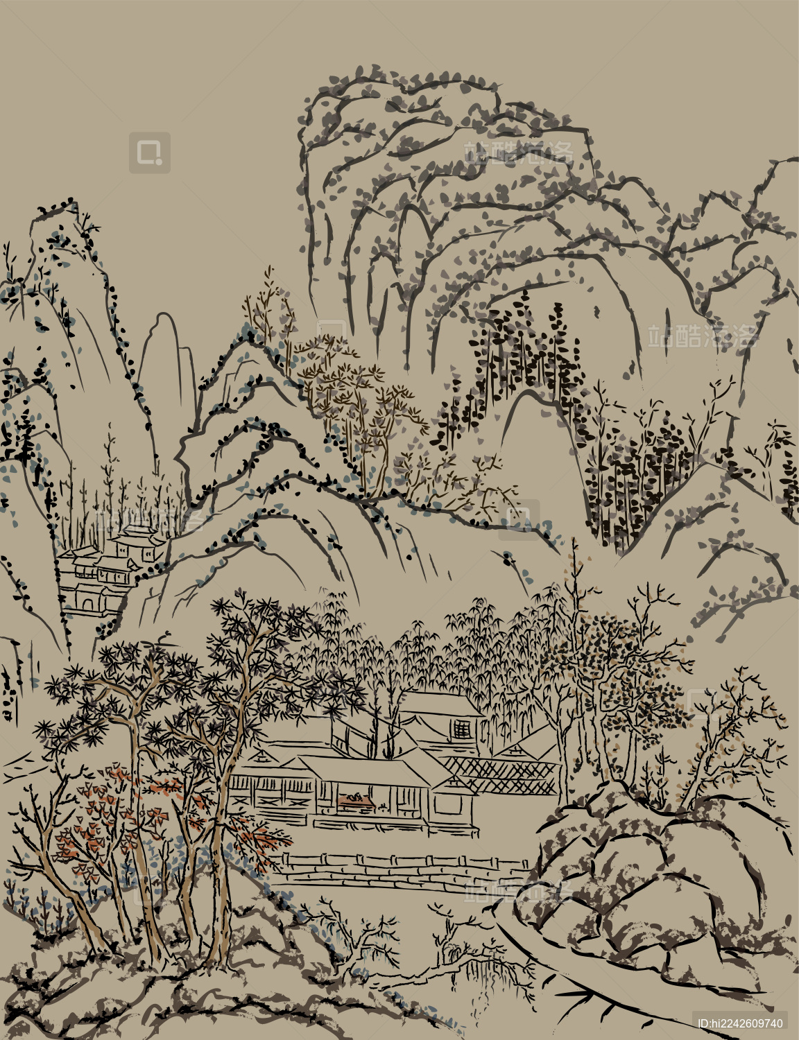 传统水墨山水石林造景白描中国画