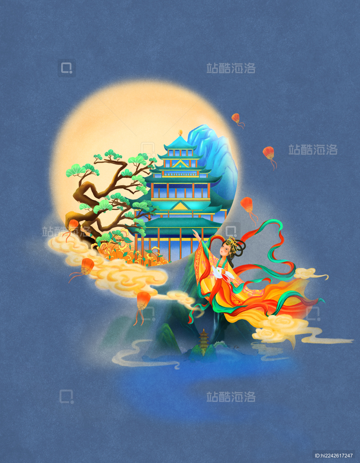 中秋嫦娥奔月月宫国风仙女月亮节日原创插画