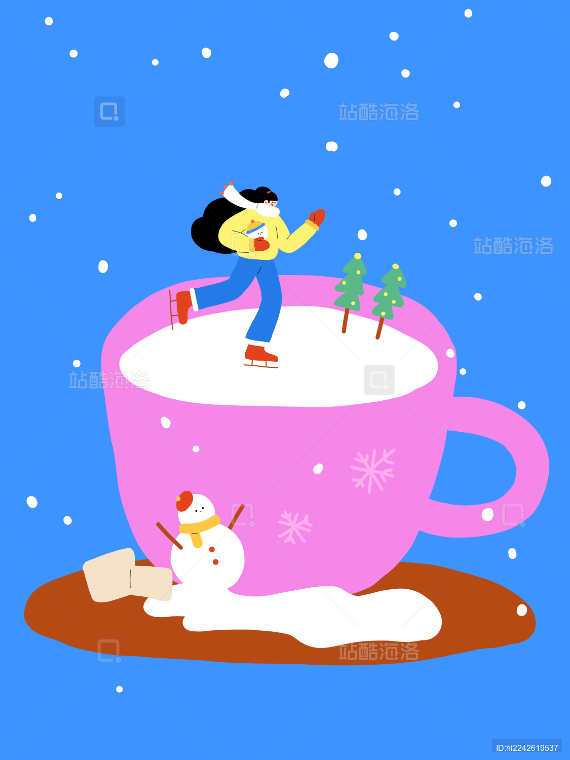 在杯子上滑冰的女孩冬日节气插画