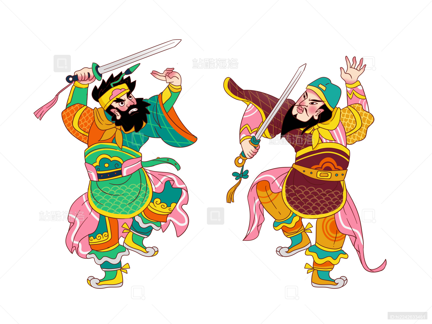 绿色古风一对拿剑门神守护元素