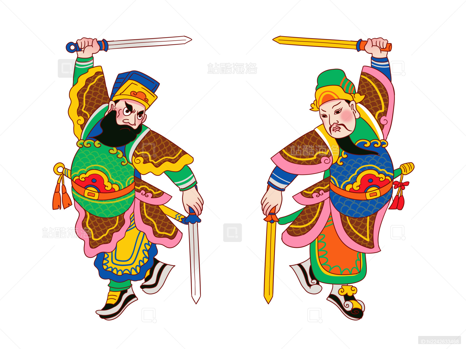 绿色卡通古风新年对称一对门神元素