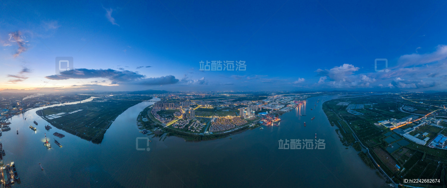 江门新会潭江城市风光夜景航拍全景图