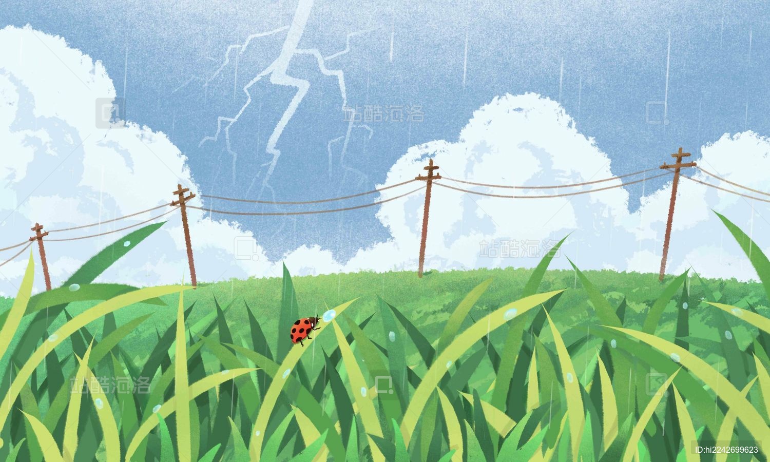 中国风传统文化惊蛰节气传统田野甲壳虫草丛