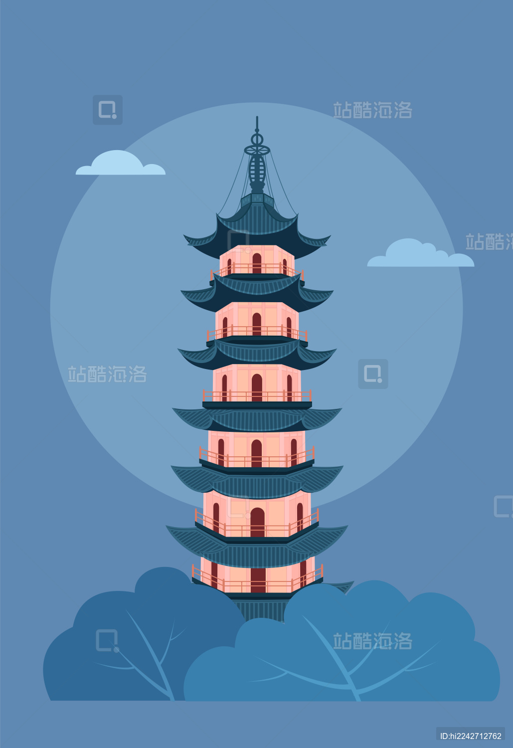 宁波天封塔建筑矢量插画