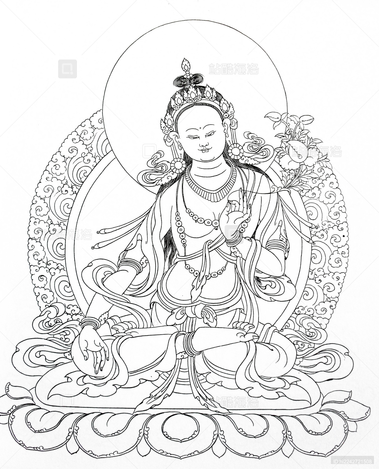 唐卡白描绿度母