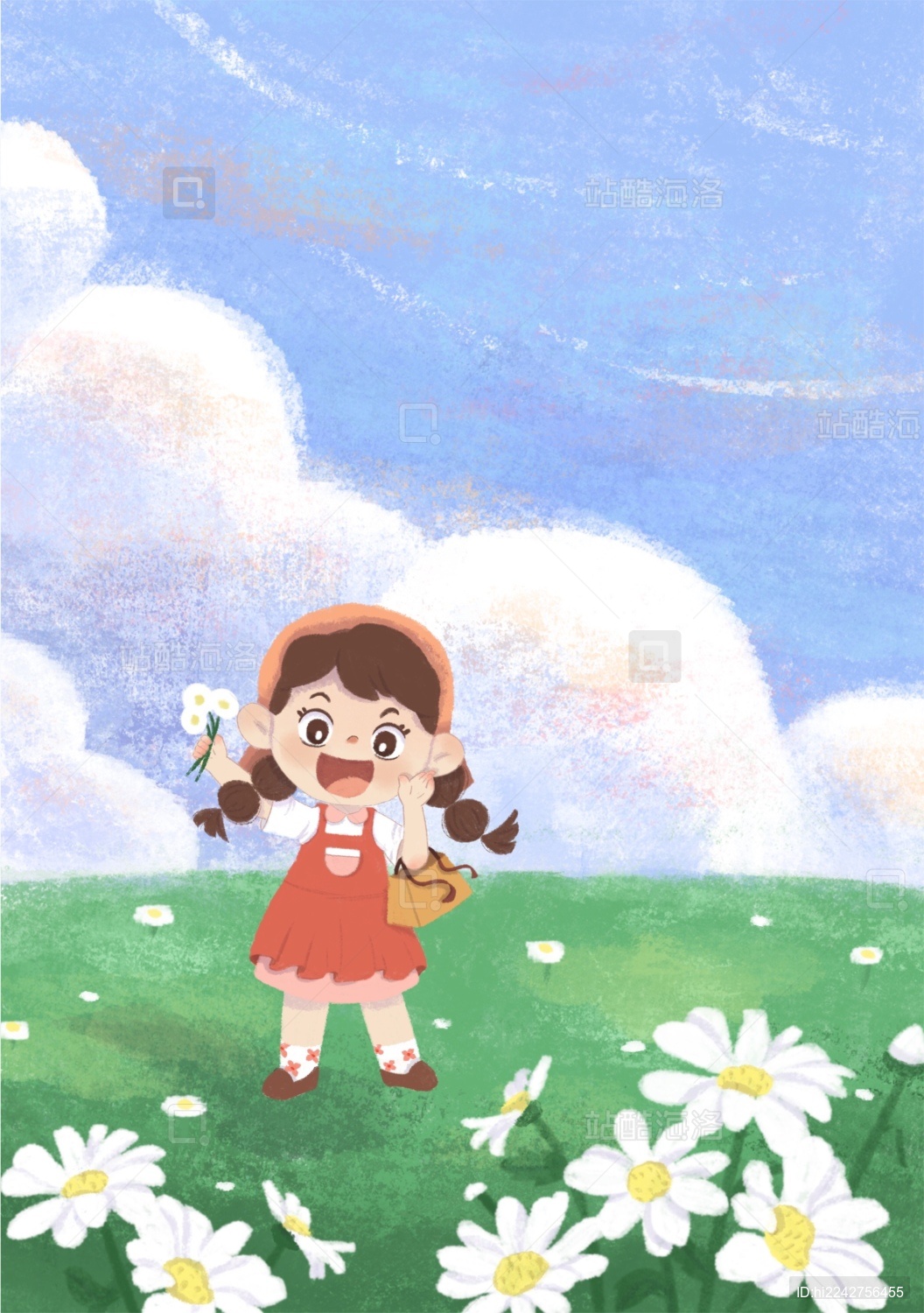 春天女孩采花插画