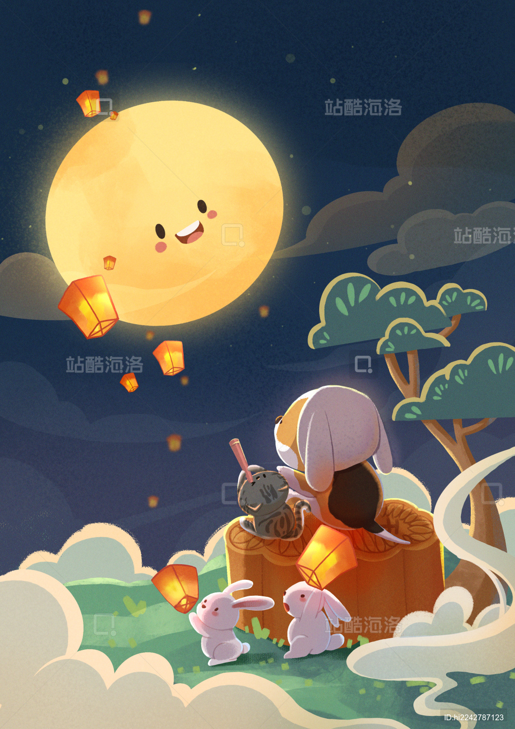 小狗小猫坐在月饼上看着月亮
