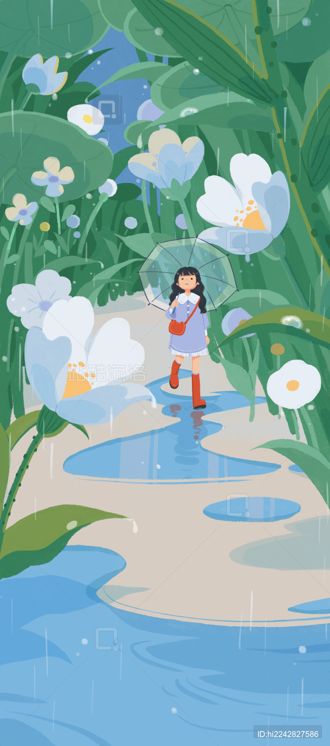 雨天红雨靴女孩撑伞走在大朵的植物下面_站酷海洛_正版图片_视频_字体