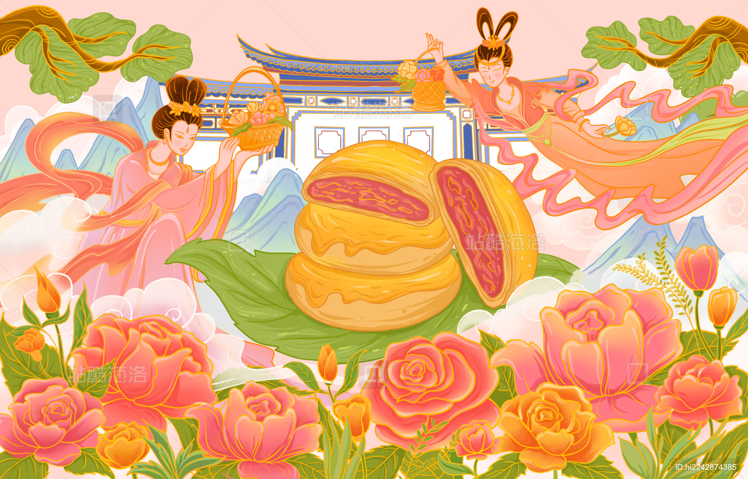 美食鲜花饼国风场景插画