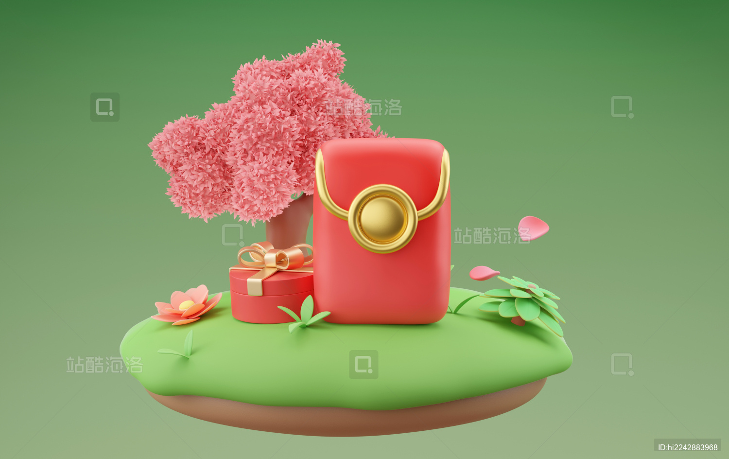 红包礼盒放在悬浮的3D绿色户外草坪台子上