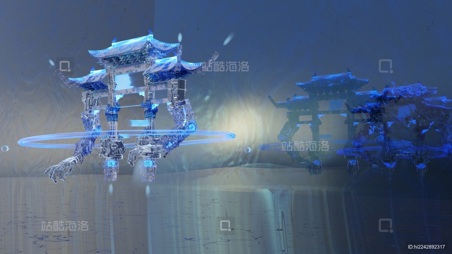 新中式牌坊与科幻机械融合三维建模