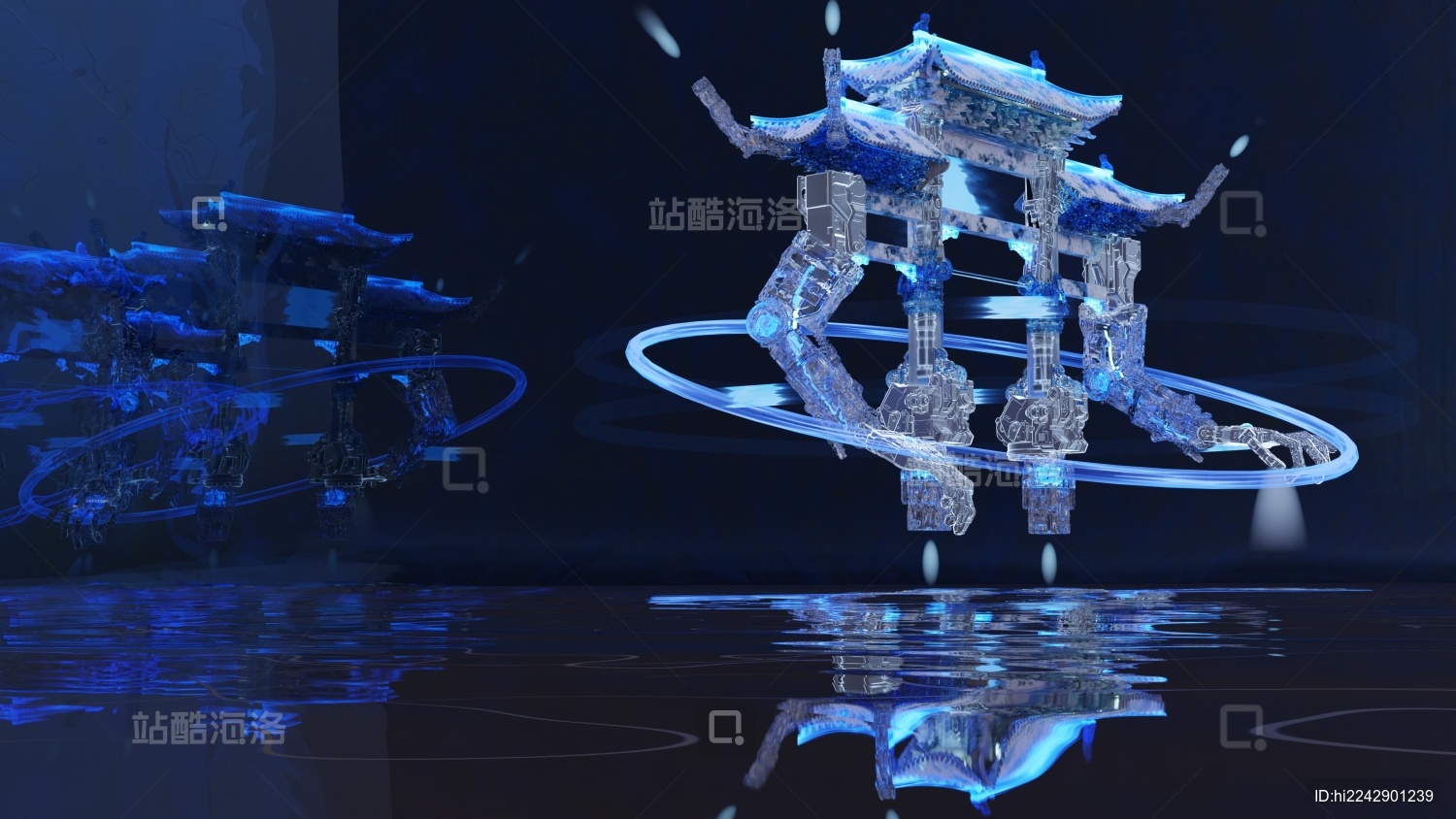 新中式牌坊与科幻机械融合三维建模