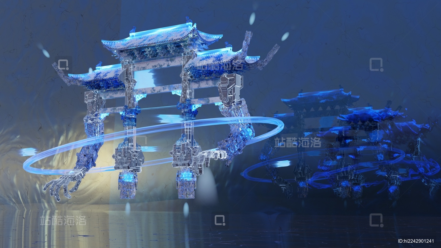 新中式牌坊与科幻机械融合三维建模