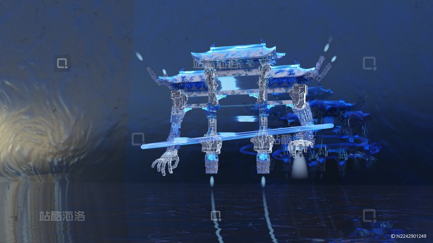 新中式牌坊与科幻机械融合三维建模