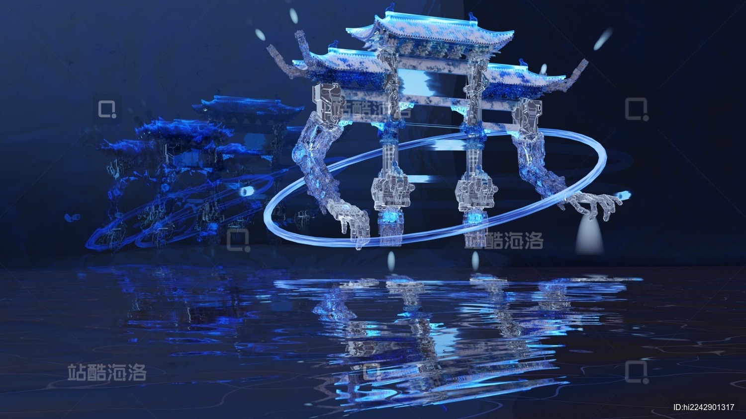 新中式牌坊与科幻机械融合三维建模