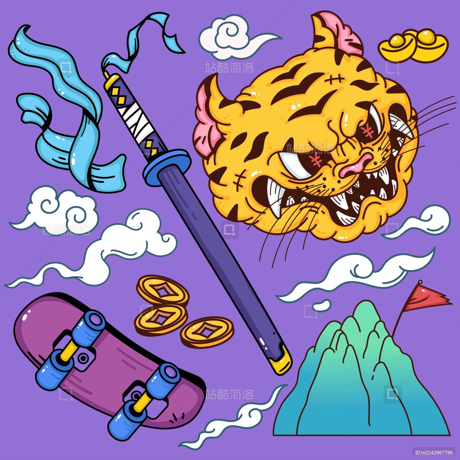 国潮传统山水画老虎铜钱元宝潮流矢量插画