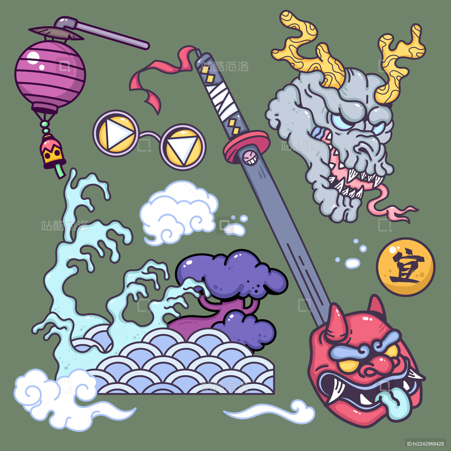 国潮古风海浪龙神面具灯笼矢量潮流插画